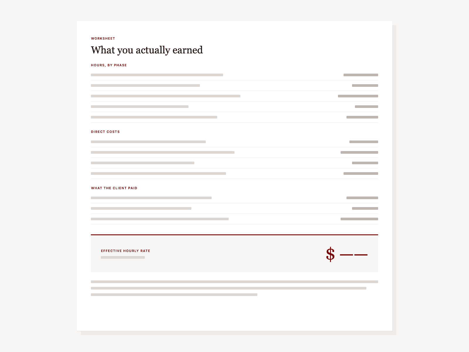 A mockup of the pricing worksheet, titled What you actually earned: three groups of blank line items for hours, costs and what the client paid, above a highlighted band labeled Effective hourly rate