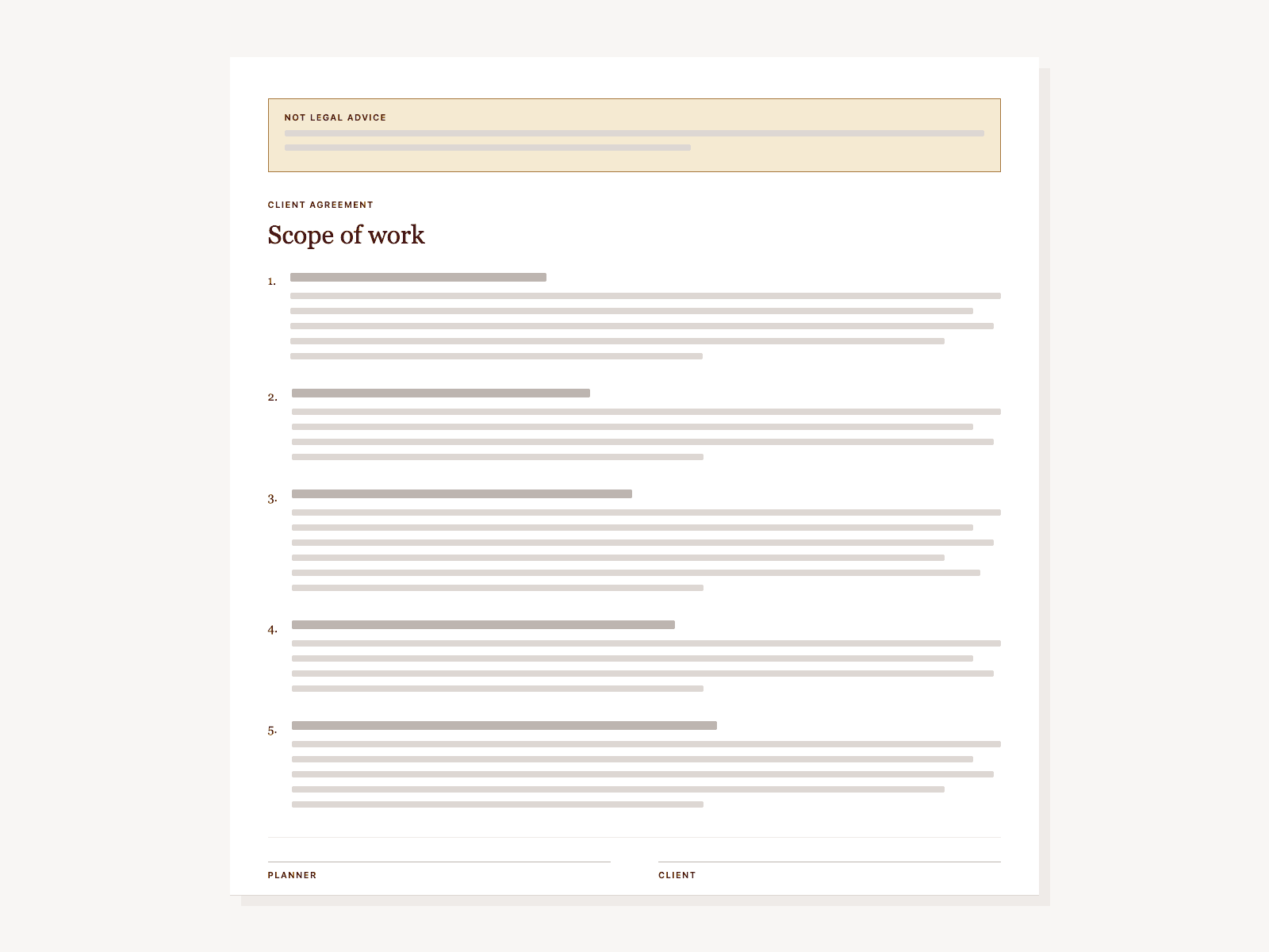 A mockup of the contract template’s first page: a Not legal advice notice in gold, the heading Scope of work, five numbered clauses drawn as grey lines, and signature rules for planner and client