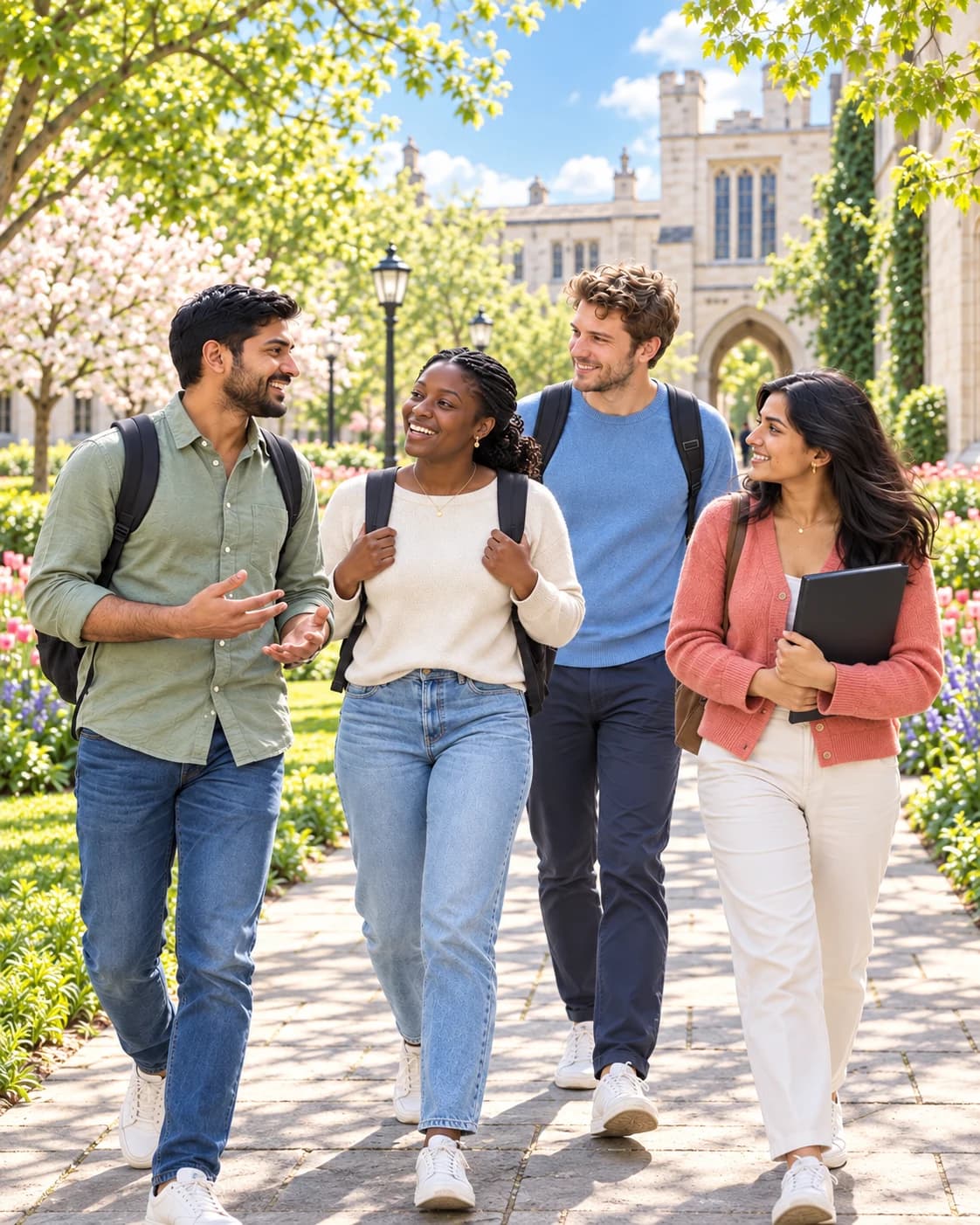 Students walking together through a bright, leafy campus courtyard